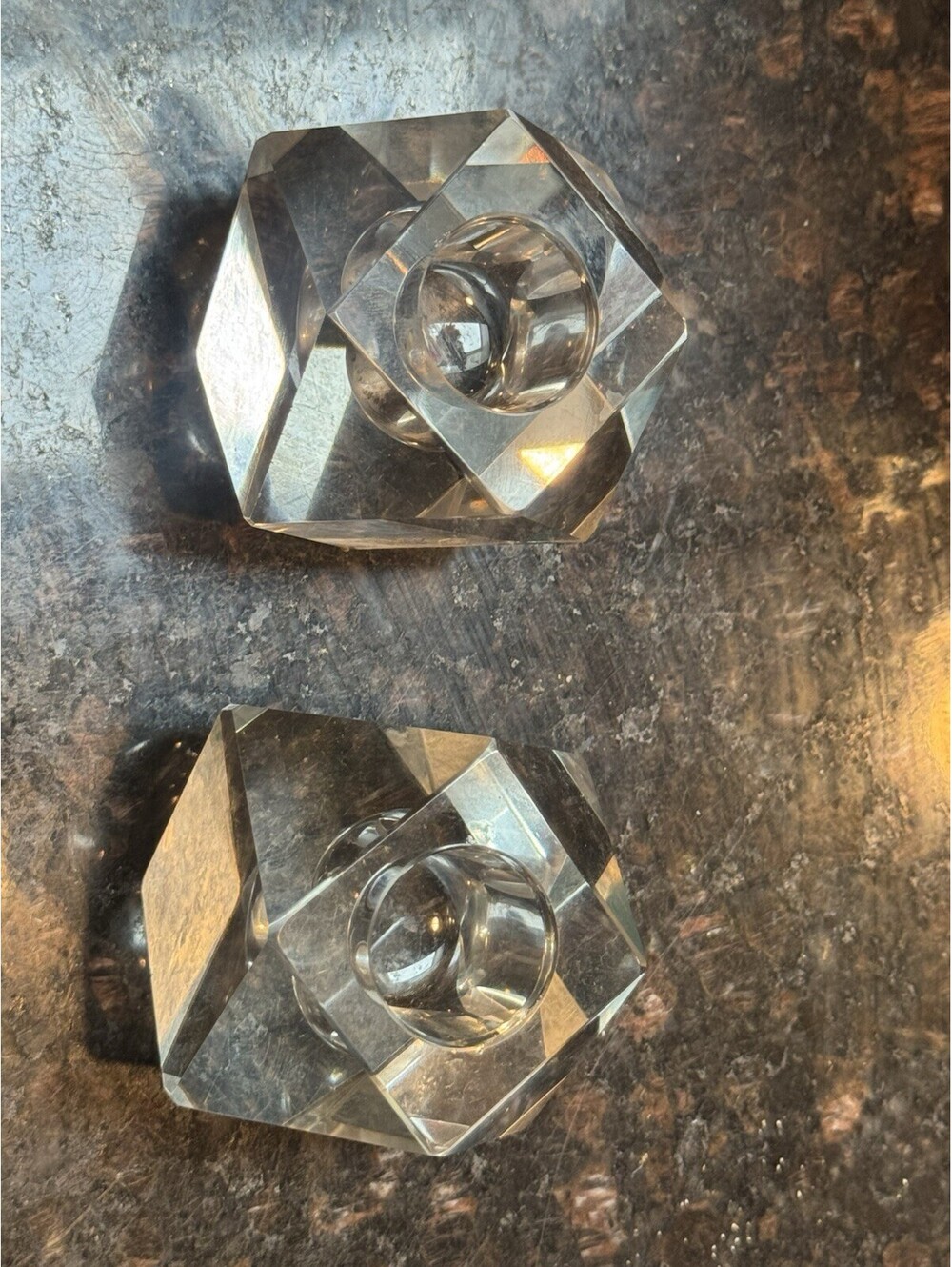 Vintage MCM Cut Crystal Taper Candle Holders Pair – 6‑Point Geometric Prism